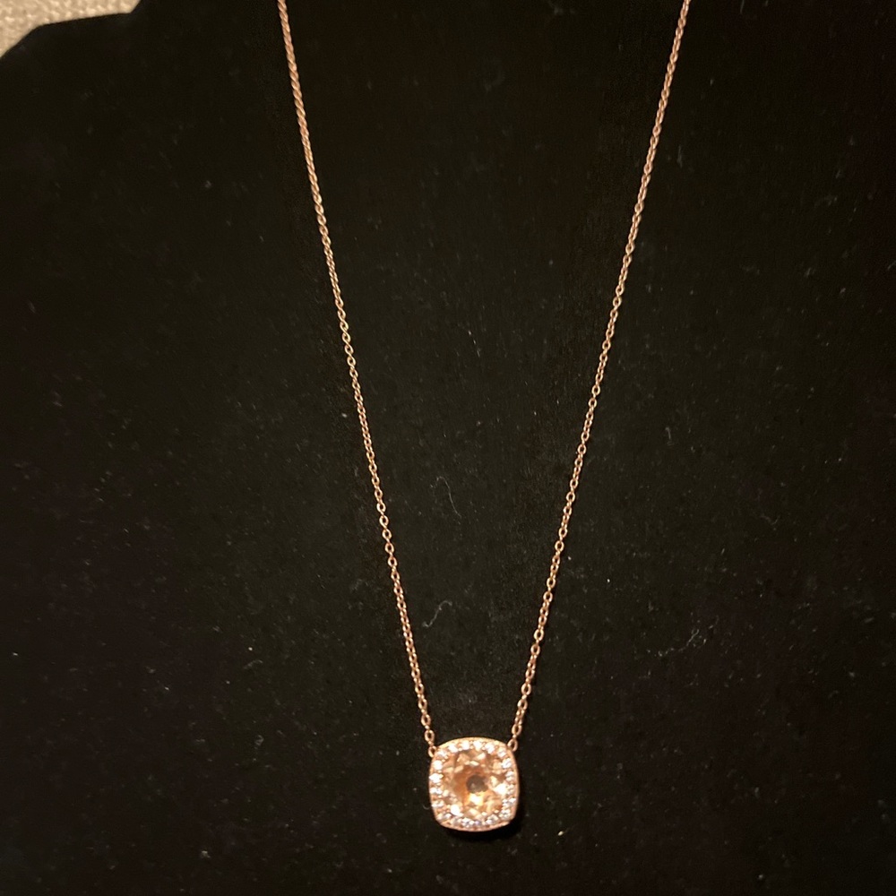Rose Gold Plated Pave Square Pendant Necklace. 
Rose colored stone